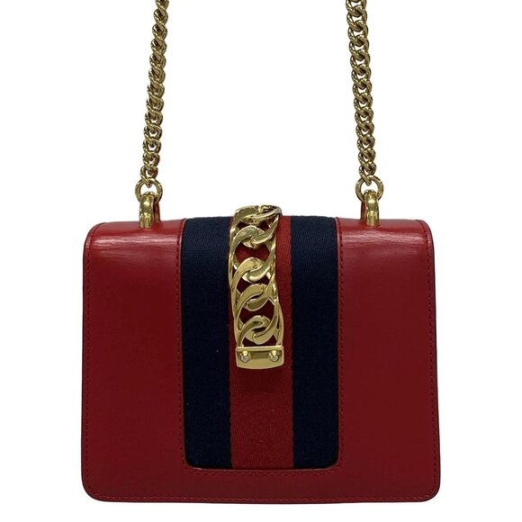 Authentic GUCCI Sylvie Mini Red Navy Leather Shoulder Bag br492-120725 - Picture 2 of 16